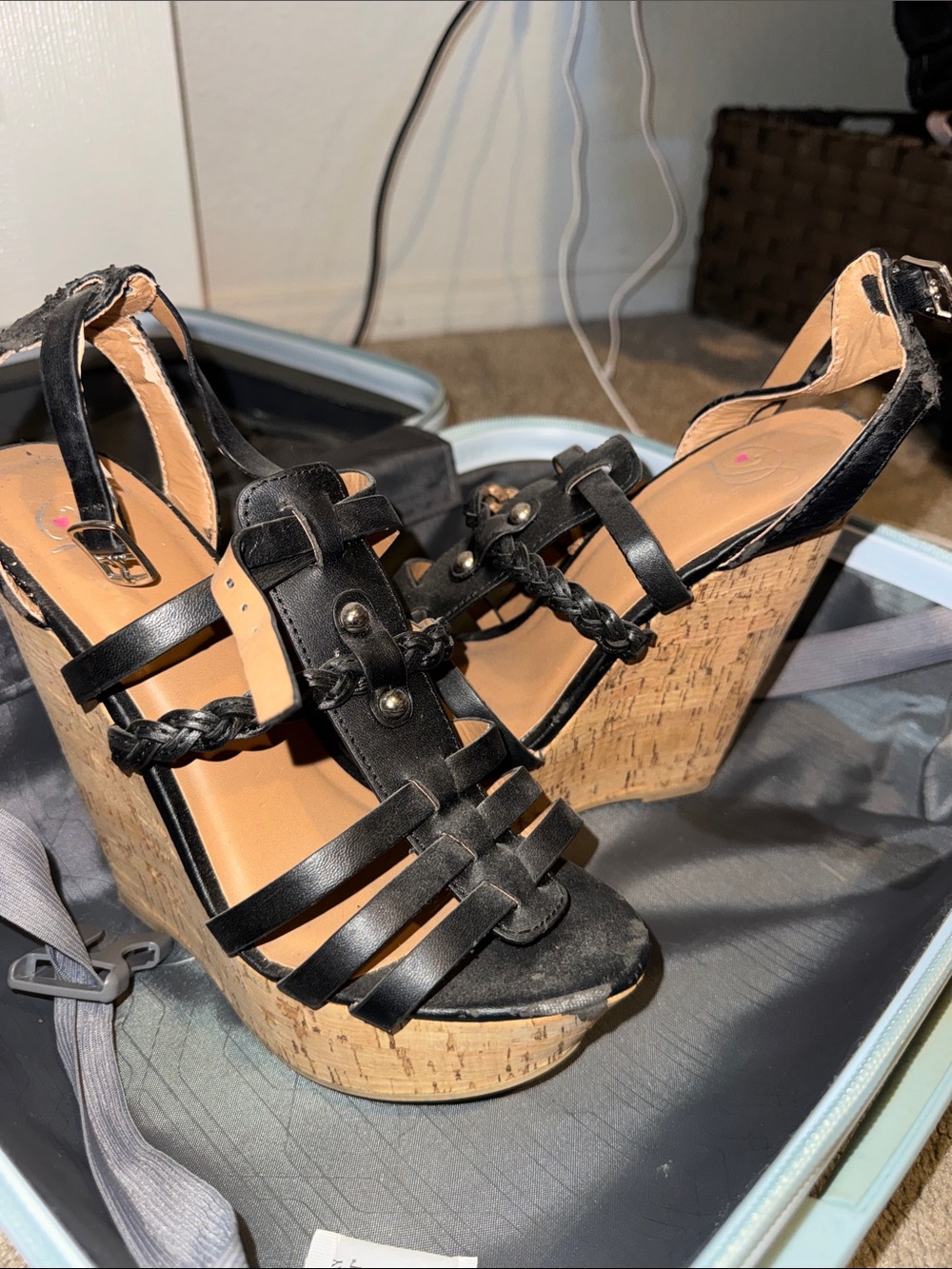 Qupid Black Braided Strappy Cork Wedge Sandals